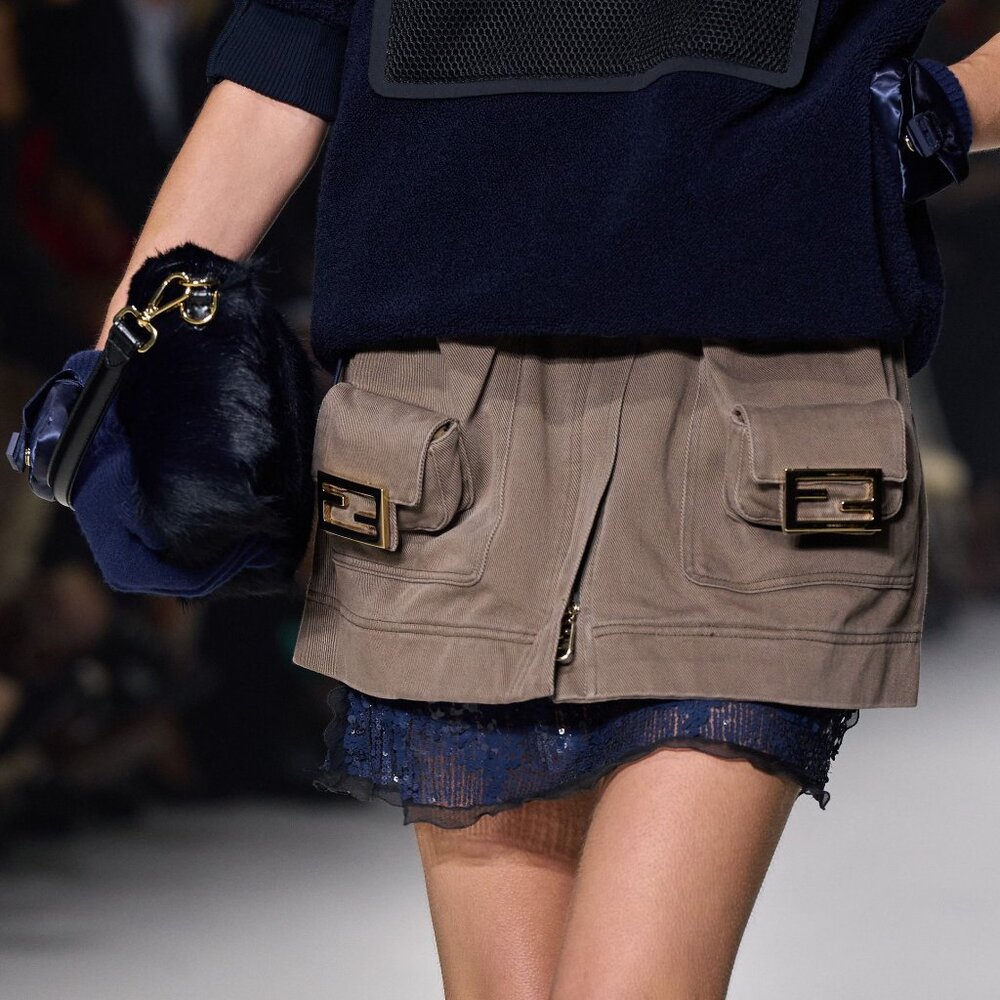 Fendi Resort 2023 Runway Baguette Taupe Cotton-Denim Cargo Mini Skirt